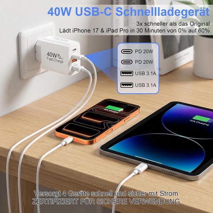 Зарядний пристрій USB-C 2-в-1, 4 порти 40W, PD 3.0 для iPhone 17/16/15/14/13/12/11 Pro/Max/Plus/XR/XS, iPad, Samsung - Швидка зарядка