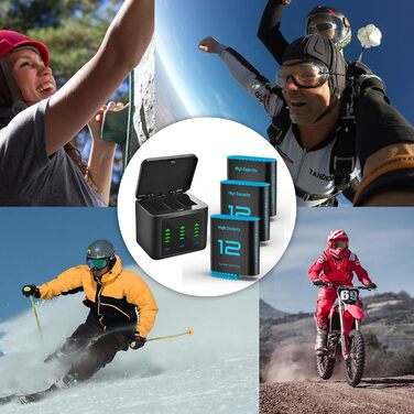 Зарядний комплект для GoPro Hero 12/11/10/9 Black: 2 акумулятори 2580mAh + триканальна зарядка з LED-індикатором