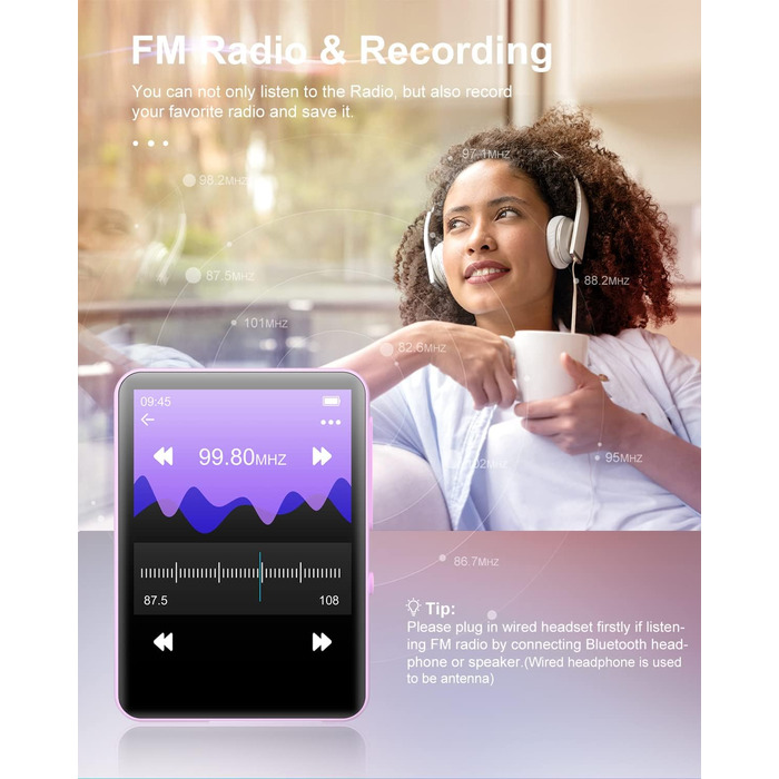 MP3 плеєр 64GB Bluetooth 5.3 HiFi, з радіо FM, диктофоном, металевим корпусом та сенсорним екраном 2.4