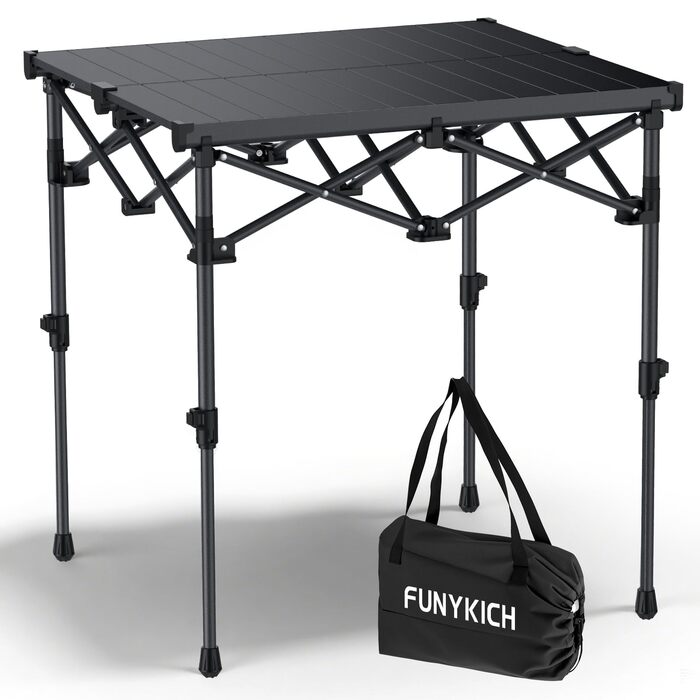 FUNYKICH Складаний столик для кемпінгу 82 x 40 см з регулюванням висоти (44/70 см), легкий та портативний, з сітчастою кишенею, алюмінієва розкладна стільниця для барбекю, кемпінгу, пікніка, саду