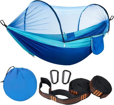 Легка туристична гамак з москітною сіткою, 300 кг | Гамак для кемпінгу, подорожей, пікніків, дихаючий, швидковисихаючий | Гамак з парашутного нейлону, портативний, для рюкзаків, піших прогулянок, саду (синій, 270x140 см)