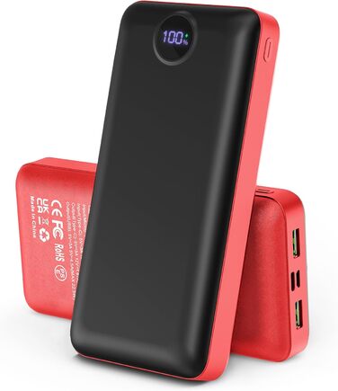 Power Bank 50000mAh з LED дисплеєм: Швидка зарядка 22.5W, 3 виходи USB-C, 2 входи, сумісний з iPhone, iPad, Android, червоний (XX-Large)