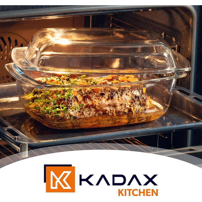 Форма для запікання KADAX з кришкою та ручками, 5.1 л, прямокутна скляна форма для запікання, для м'яса, лазаньї, 5.1 л