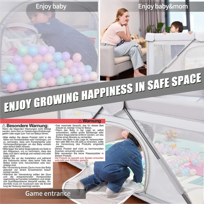 Foldable baby playpen, Heyo. Yes, large playground, baby and toddler playpen, play fences for babies and toddlers with gate, portable play yard for indoor and outdoor use (120 x 120 x 68 cm)