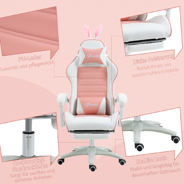 Vinsetto Gaming Chair Ergonomic Gamer Chair with Lumbar Support, Footrest, Gaming Recliner with Bunny Ears, Head Pillow, Height Adjustable Office Chair with Adjustable Recline Function Pink | Aosom