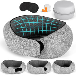 Подушка для шиї у літак з піною Memory Foam, регульована, компактна, з навушниками, маскою для сну та коробкою для зберігання