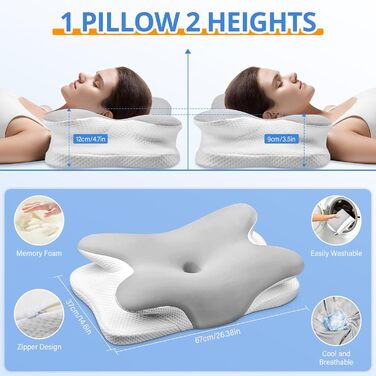 Подушка для шиї Ehomfory з Memory Foam, ергономічна для сну на боці, спині та животі, 67x37x9/12 см (Срібляста)