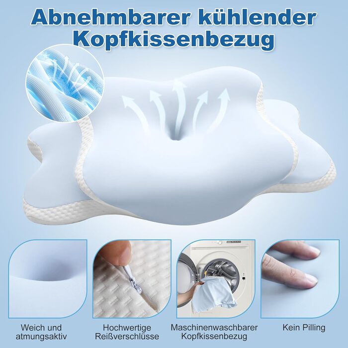 Ортопедична подушка для шиї та голови з Memory Foam, охолоджуючий ефект, для тих, хто спить на боці, спині та животі, знімний чохол (Світло-блакитний)