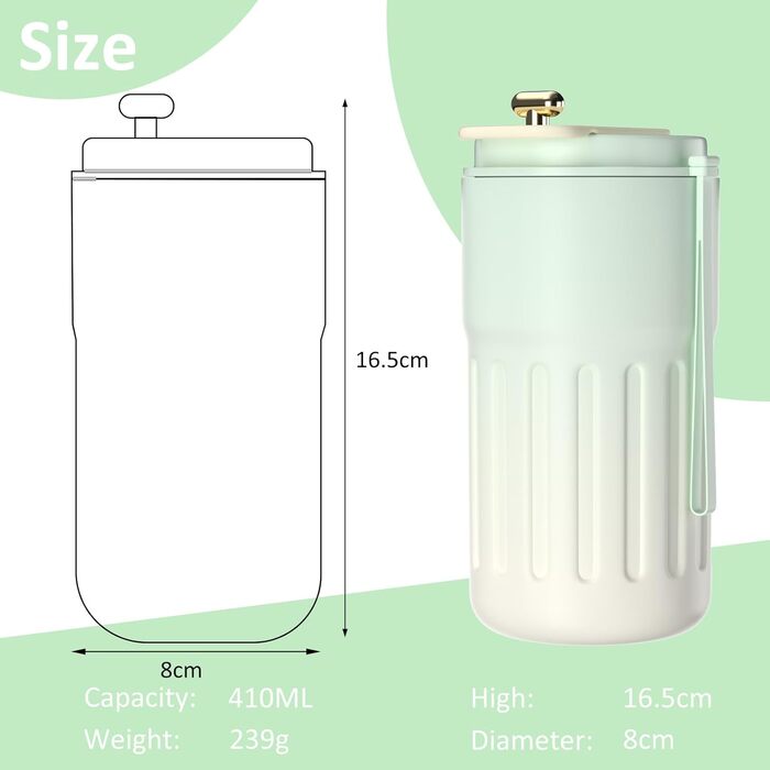 Термокружка для кави HomeAlexa з цифровим дисплеєм, 410 мл, нержавіюча сталь 316, ізольована вакуумна термокружка з кришкою, зелена