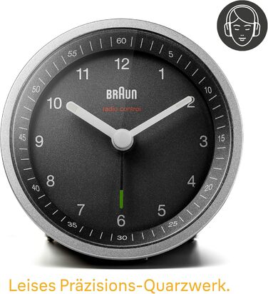 Braun Classic Analog Radio Alarm Clock, Central European Time Zone (CET/GMT+1) with Snooze Function and Illumination, Silent Movement, Crescendo Alarm, Black and Silver, Model BC07SB-DCF.