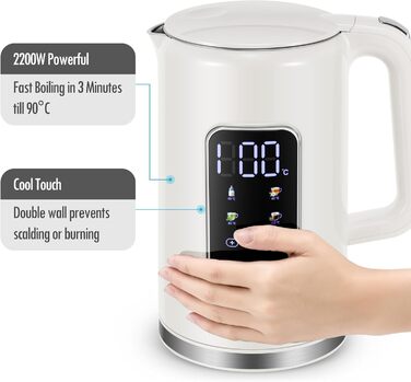 Електричний чайник ForMe з нержавіючої сталі, 1.7 л, регулювання температури 40-100°C, LED дисплей, функція підтримання тепла, BPA Free, білий