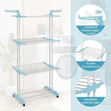 Сушарка для білизни COSTWAY 4-рівнева з колесами, розкладна, з 2 обертовими крилами, висувна, для дому та вулиці (Блакитна)