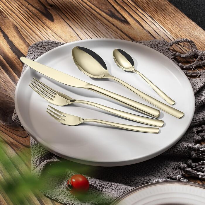 Champagne cutlery set, 30 pieces, shiny champagne-colored cutlery for 6 people, made of high-quality stainless steel, including knives, forks, and spoons, suitable for kitchens, hotels, and restaurants, dishwasher safe.