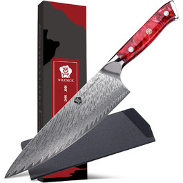 Японський ніж WILDMOK Santoku 20см з дамаської сталі, VG10, ручка з червоного армована синтетичний матеріал