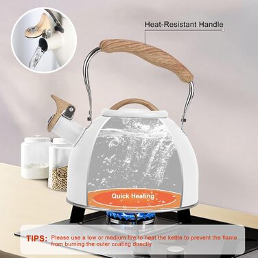 Чайник для плити Vegoran 3 літри зі свистком, з нержавіючої сталі з дерев'ястим декором, з ручкою-клямкою, для чаю, кави, молока (зелений) (білий/Розкішний сад)