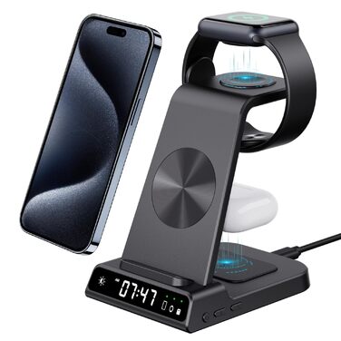 Зарядна станція 3-в-1 для Apple Watch та iPhone: Бездротовий зарядний пристрій з цифровим годинником, сумісний з iPhone 17/16/15/14/13 та iWatch 10/9/8/7/6/SE, AirPods 4/3 - Чорний