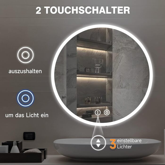 Круглий дзеркало для ванної кімнати YOLEO з підсвічуванням, 60 см, сенсорне керування, захисне скло, 3 кольори світла, регулювання яскравості, 60x60 см