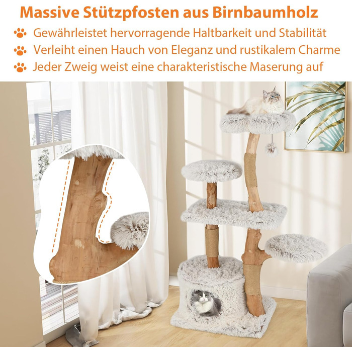 Дерев'яна кігтеточка для котів Costway 87 см з гамаком та джутовими стовпами, білий кігтеточний комплекс з 2 стовпами та печереєю