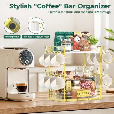 EsLuker.ly 2-Tier Mug Holders and Cup Stands, Mug Shelf for Coffee Cups, Coffee Organizer for Countertop, Coffee Station Organizer with Mug Holder, Vintage Brown-Black (14