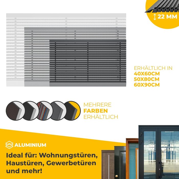 Килимок для порогу Entrando 40x60 см - алюміній, антиковзкий, для дому та тераси. Знімне брудозахисне покриття, чорний колір.