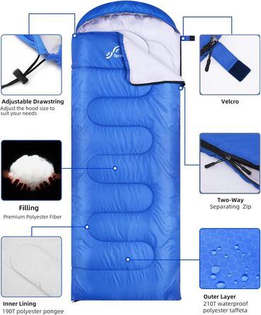 Сплячий мішок Outdoor Sportneer для дорослих та дітей - легкий спальник для кемпінгу, походів, рюкзаків, 220x75 см, блакитний