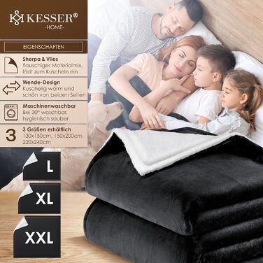 Плед KESSER® з м'якого флісу та шерпи, теплий та затишний, 220 x 240 см (XXL), чорний