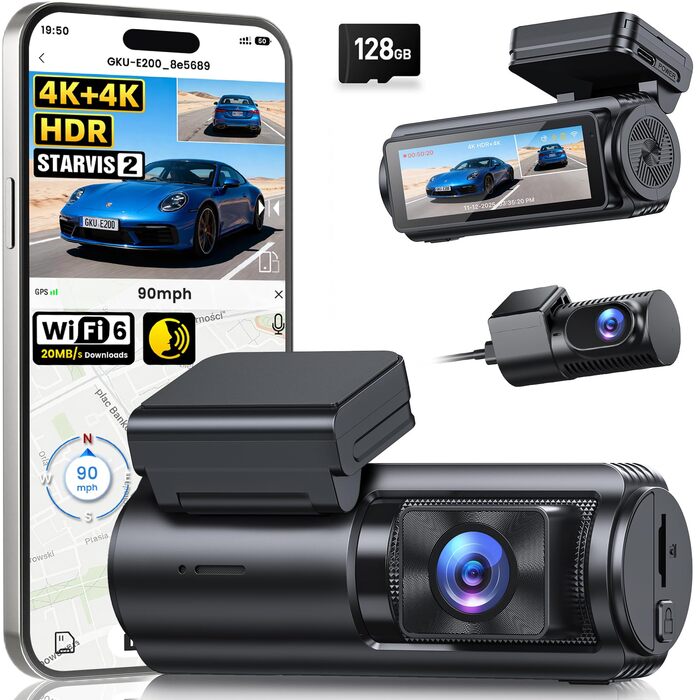 Автомобільний відеореєстратор GKU 4K+4K (передній та задній), сенсор STARVIS 2, HDR, нічна зйомка, чорний