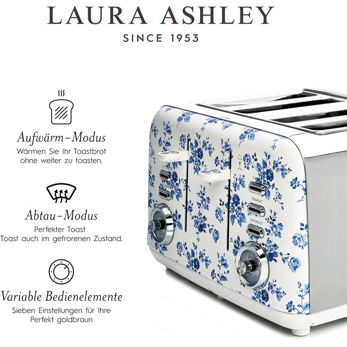 Тостер VQ Laura Ashley з 4-ма тостами, регулюванням нагріву, функціями розморожування та підігріву, з насадкою для круасанів, нержавіюча сталь, ретро-дизайн, колір 
