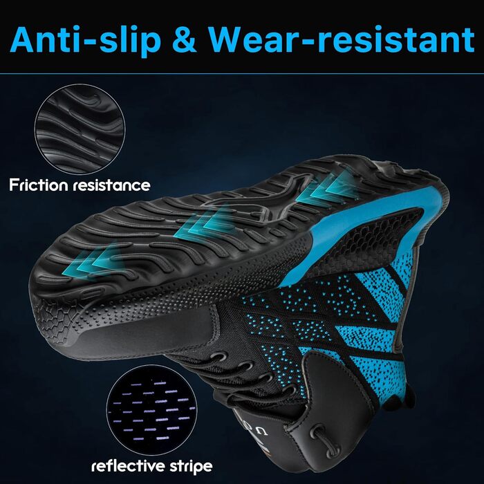 Зручні захисні черевики для чоловіків та жінок. Легкі робочі черевики з металевим носком. Дихаючі, антиковзкі, спортивного стилю. Розміри 37-46 EU. Кольори: зелений (41 EU), синій.