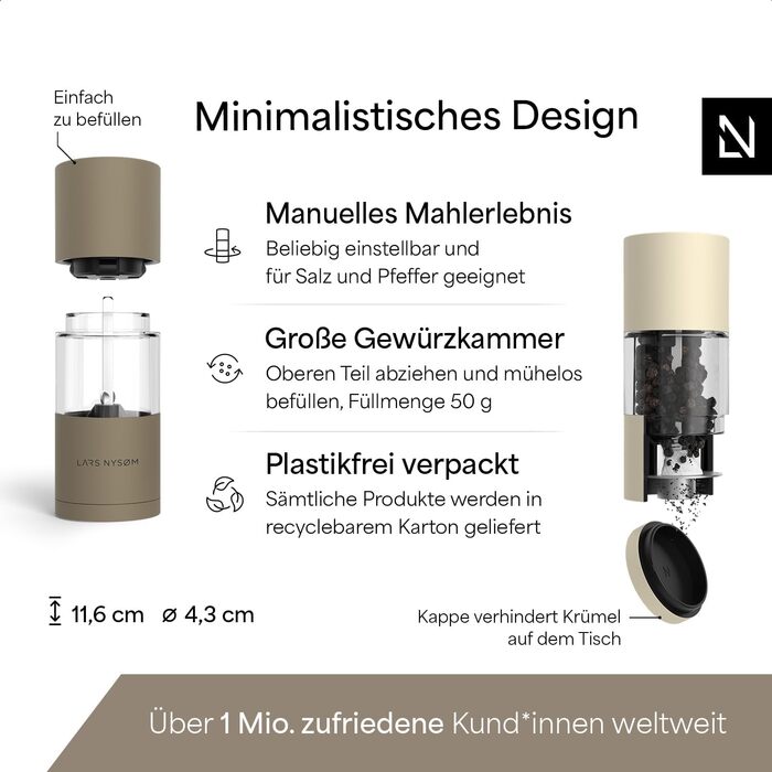 Набір мельниць для солі та перцю Lars Nysøm з нержавіючої сталі з регульованим керамічним жорном (2 шт.)