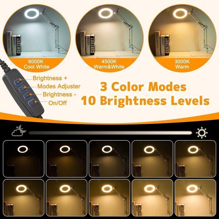 Лампа-лупа Jubor 2-в-1 зі світлом та підставкою, 15x/10x, LED, з кріпленням та основою, 3 режими, регульована яскравість, для хобі, ремонту, майстрів