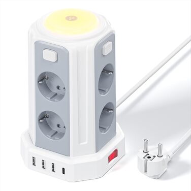 Многофункціональна мережева розетка з 8 розеток, 4 USB-портами та світлом, захист від перенапруги, 2м кабель, 16А, білий