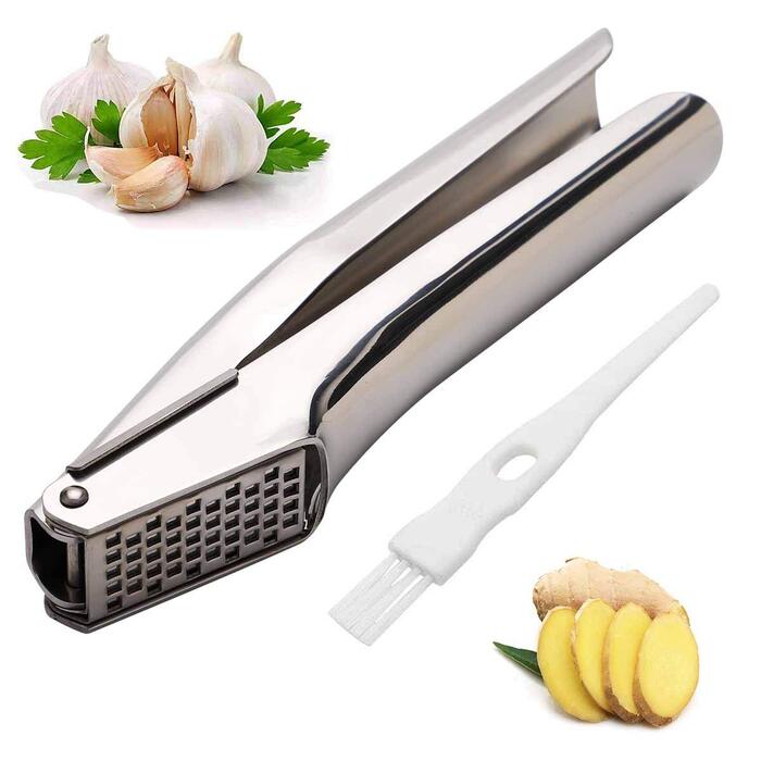 Професійний прес для часнику з нержавіючої сталі з щіткою для чищення, кухонний інструмент для ресторанів та готелів