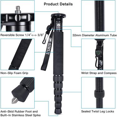 SIRUI AM-326M: Легкий карбоновий монопод - штатив 6 секцій, вантажопідйомність 10 кг
