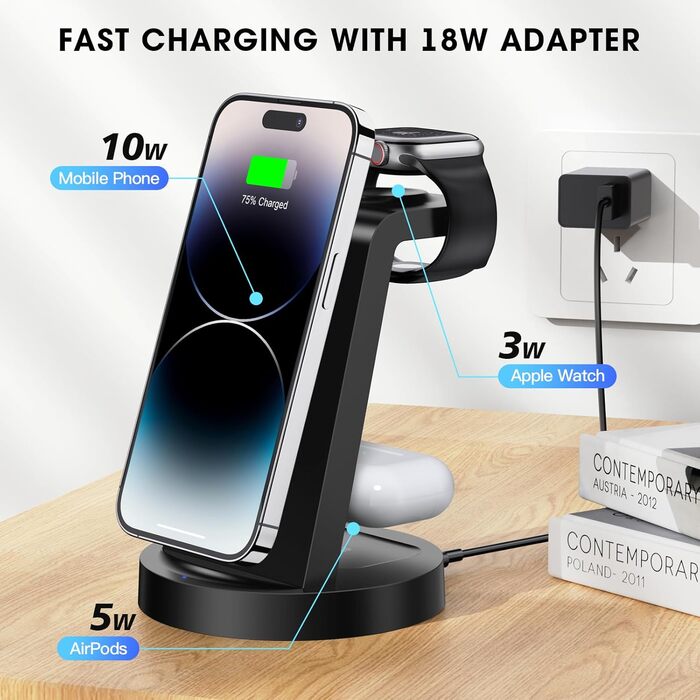 Зарядна станція 3 в 1 для iPhone з бездротовою зарядкою, 18W, сумісна з Apple iPhone 16, 15, 14, 13, 12, 11, X, Pro, Max, Apple Watch та AirPods, чорна