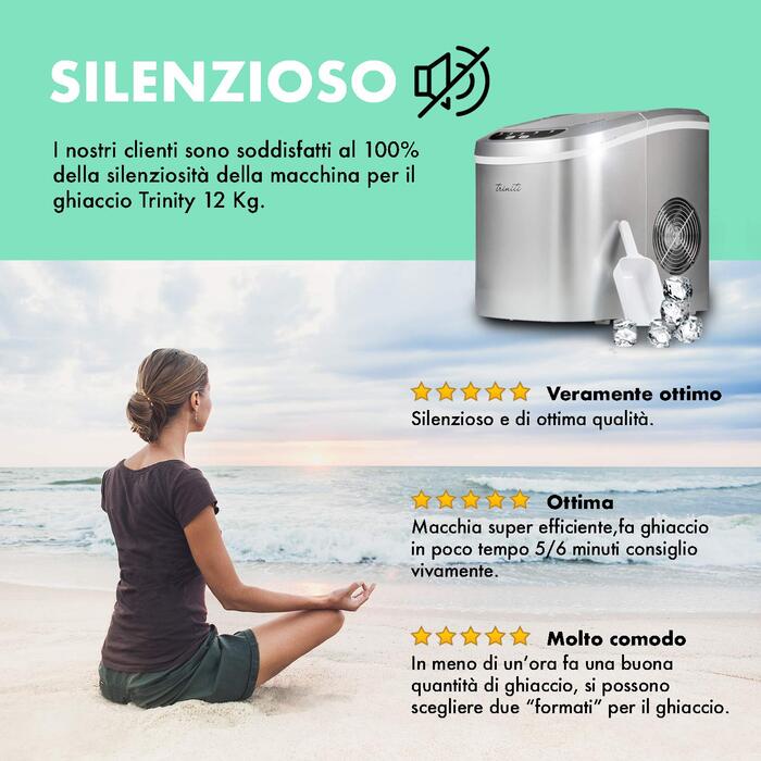Машина для приготування льоду TRINITI | З нержавіючої сталі | 150W | 12/15 кг за 24 години | 2 розміри кубиків | 2 л резервуар для води | Таймер | LCD-дисплей