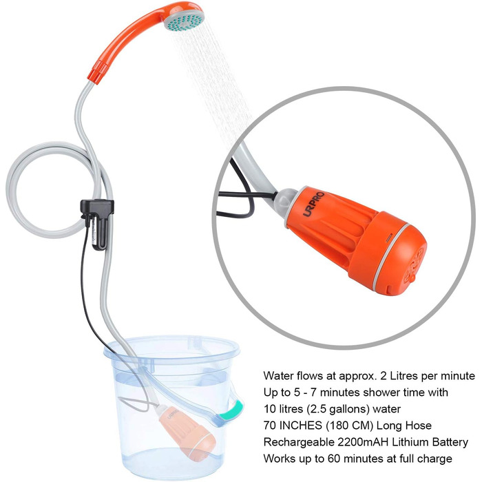 Portable Outdoor Shower Head, Shower Pump, Detachable USB Rechargeable Batteries, Pumps Water from Bucket, for Camping, Hiking, Pet Cleaning, Pet Shower, Car Washing