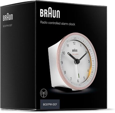 Classic analog radio alarm clock by Braun for the Central European Time zone (CET/GMT+1) with snooze function, lighting, quiet movement, crescendo alarm in white and rose, model BC07PW-DCF