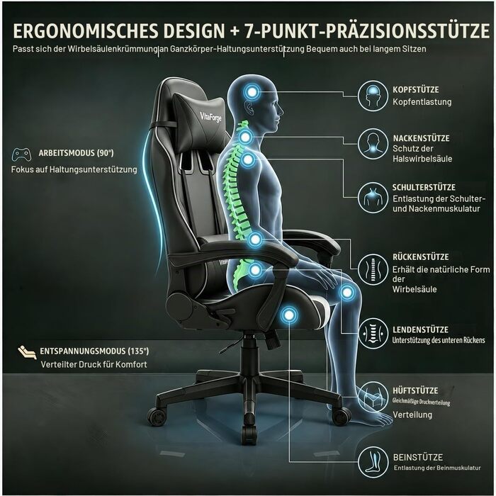 Ігрове крісло Gaming-Sessel для офісу та геймерів, з динамічною підтримкою попереку, регулюванням висоти та підлокітників, обертання на 360°, м'яка оббивка, чорне