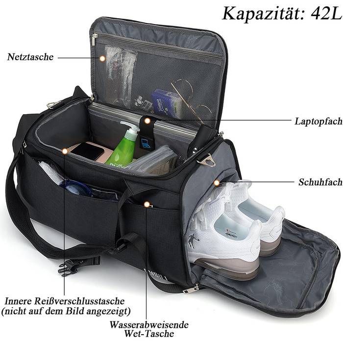 Sports bag with shoe compartment and wet compartment, 42L carry-on bag sports rucksack women men, gym bag travel bag large with shoulder strap and combination lock