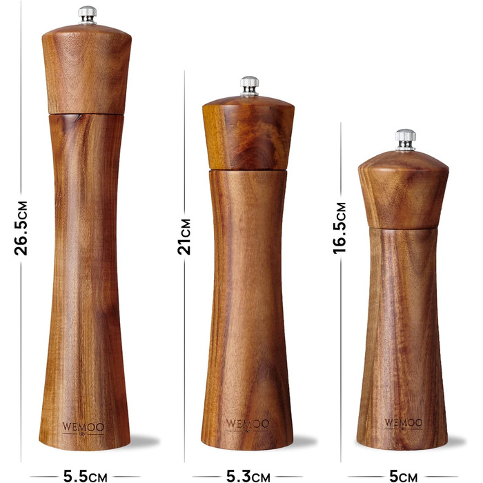 Wooden Salt and Pepper Grinder Set, Very Large (25.5 cm) | Spice Grinders with Durable Ceramic Grinder | Extra Filling Spoon and Cleaning Brush | Set with Pepper and Salt Mills