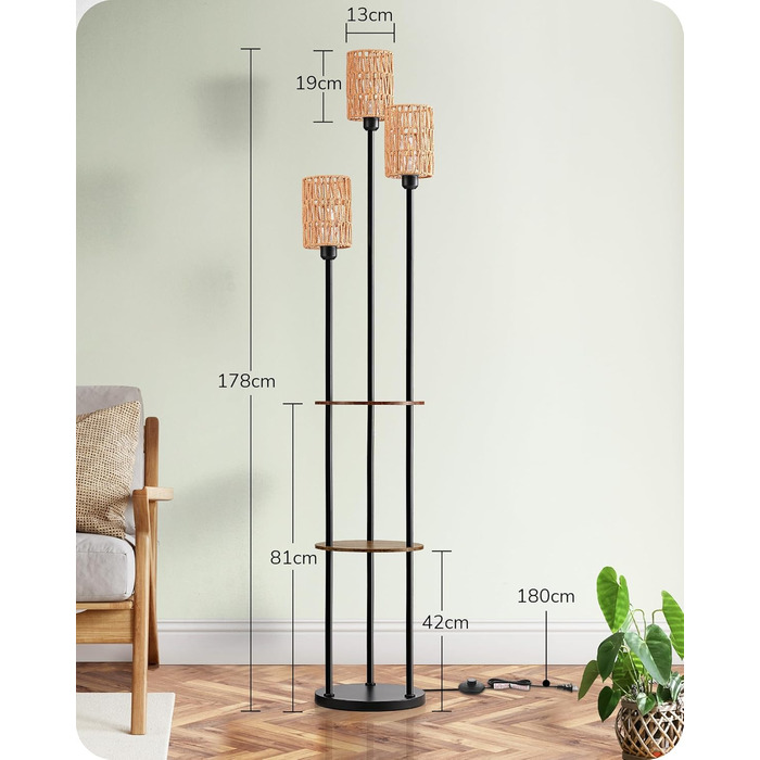 Стійка лампа EDISHINE для вітальні, вінтажна 3-лампова модель з полицею та абажуром з ротангу, 3 патрони E27, з лампочками, бохо-лампа з вимикачем на нозі для спальні та офісу, 178 см (Вінтажний коричневий)