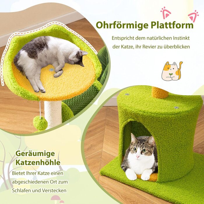 Дряпальня для котів COSTWAY 97 см з печерою та лежанками, кігтеточка з сизалевого мотузка та дерев'яною основою, зелено-бежева