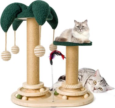 Інтерактивне котяче іграшкове комбо 6-в-1: дерев'яні меблі, кульки, пір'я, м'яч-трекер, когтеточка з сизалю та джуту для котів середніх та маленьких порід (білий, зелений)