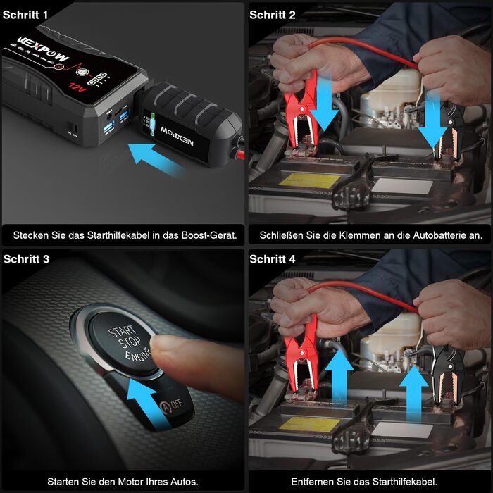 Powerbank для авто NEXPOW Starthilfe 1500A: стрибковий стартер з LED ліхтариком та USB, 12V для бензинових (7.0L) та дизельних (5.5L) двигунів