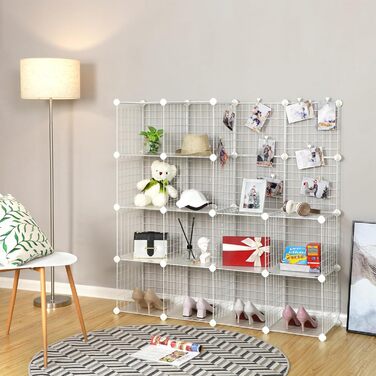 SONGMICS Storage Shelf, 16 Cube Storage System made of Metal Wire, DIY, Modular Grid Shelf, with Wire Frame, LPI44H (White)