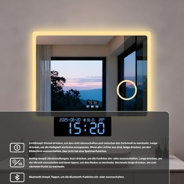 Дзеркало для ванної кімнати LUVODI з підсвічуванням 100x70 см: годинник, температура, дата, антизапар, регулювання яскравості, 3 кольори світла, функція пам'яті, LED, водонепроникність (60L x 80B см, 3x лупа + Bluetooth)