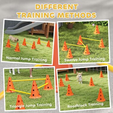 Набір для аджиліті для собак PawHut: 8 кеглів, 8 стійок, 3 перешкоди, регульована висота, з сумкою, оранжевий, багатокольоровий