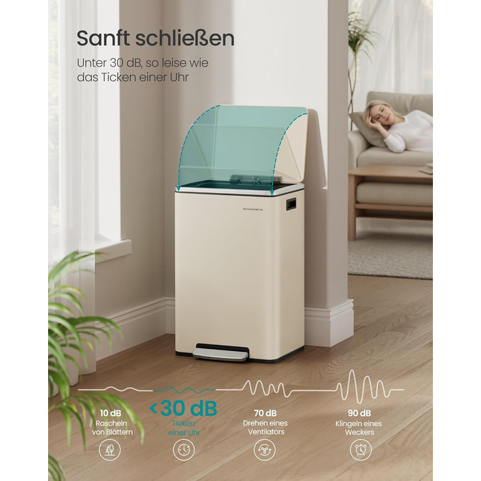 Відро для сміття SONGMICS 50 л, нержавіюча сталь, знімний внутрішній відро, Soft-Close, з кришкою та ручками, кремовий (LTB595E01)