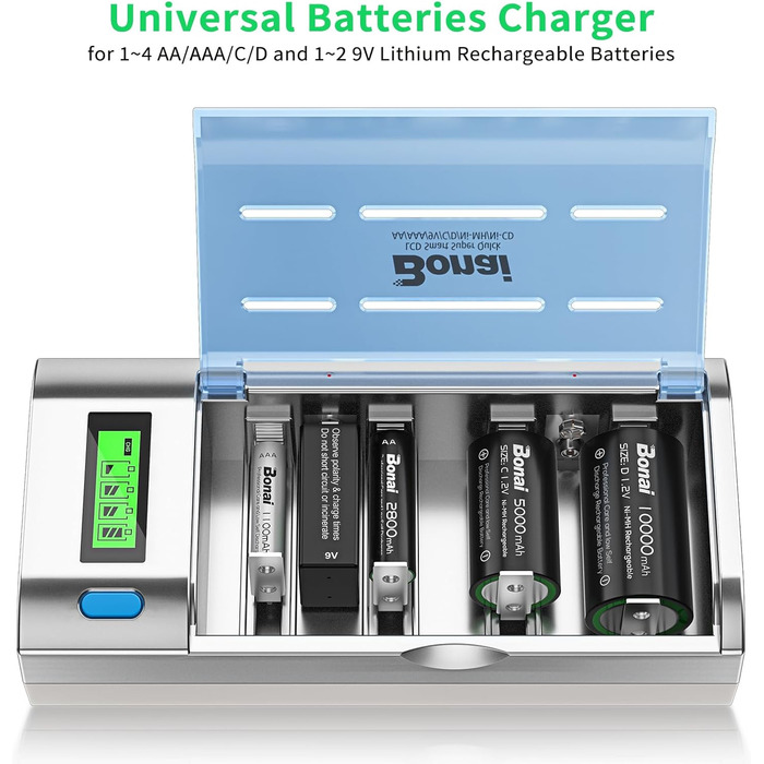 Інтелектуальний зарядний пристрій BONAI для акумуляторів AA/AAA/SC/C/D NI-MH з LCD дисплеєм та функцією розряду, AC